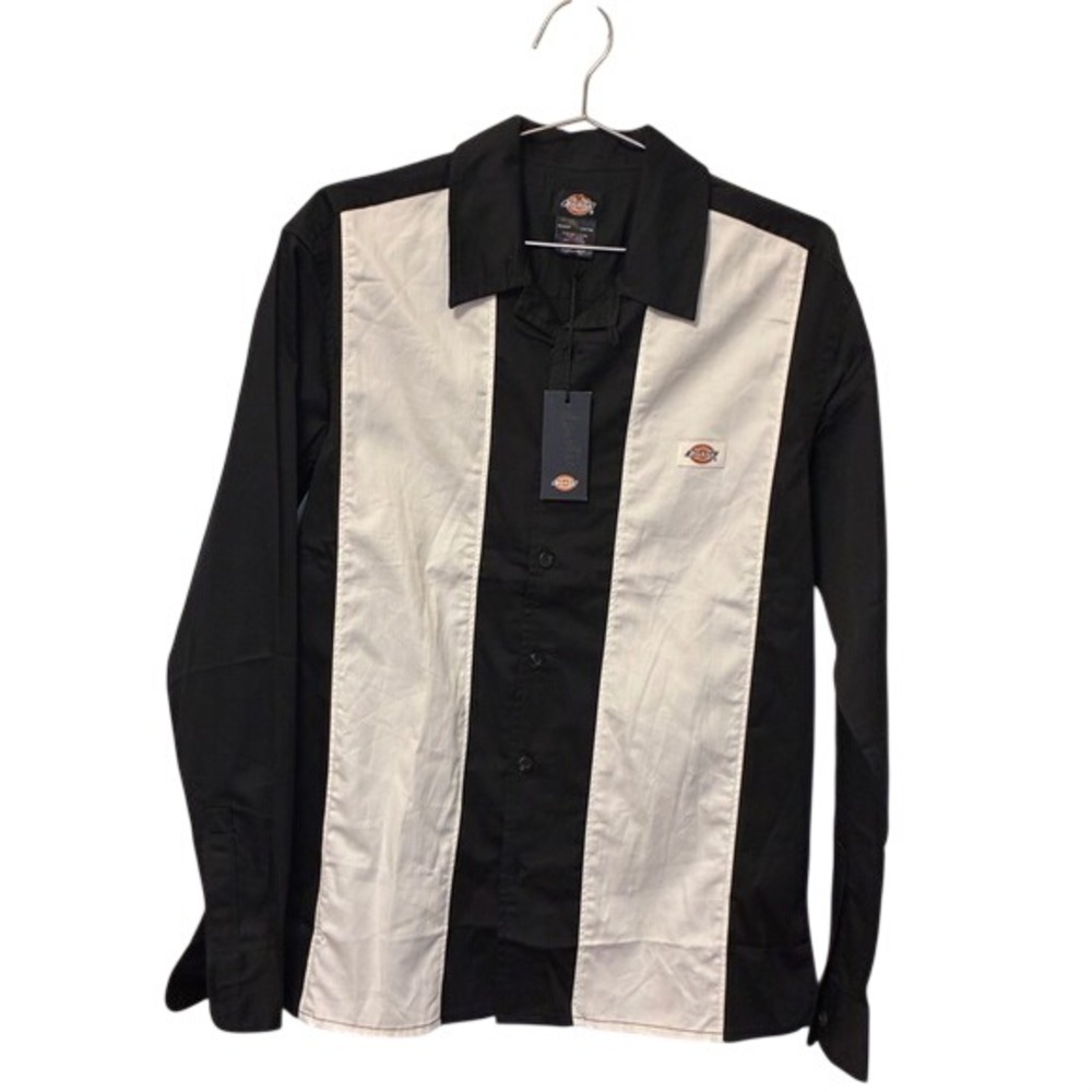 Dickies Mens Long Sleeve Button Down Shirt Black White Colorblock XS RN20697